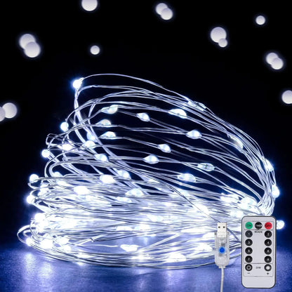 Ehome String Lights USB Fairy Lights Plug in 33 ft 100 LED Twinkle String Lights Silver Wire Lights with Remote and Timer 8 Modes Outdoor Indoor Waterproof Starry Lights DIY Party Wedding White