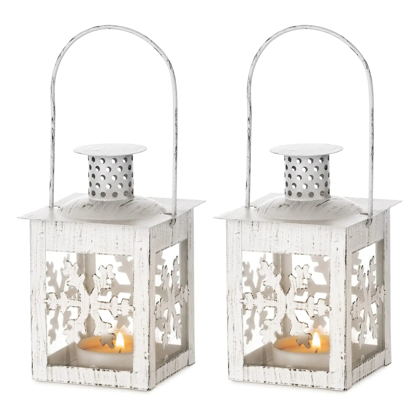 NUPTIO White Lantern for Christmas Decorations: Set of 2 Small Hanging Tea Light Candle Lanterns - Decorative Snowflake Centerpiece for Winter Wonderland Table Decoration